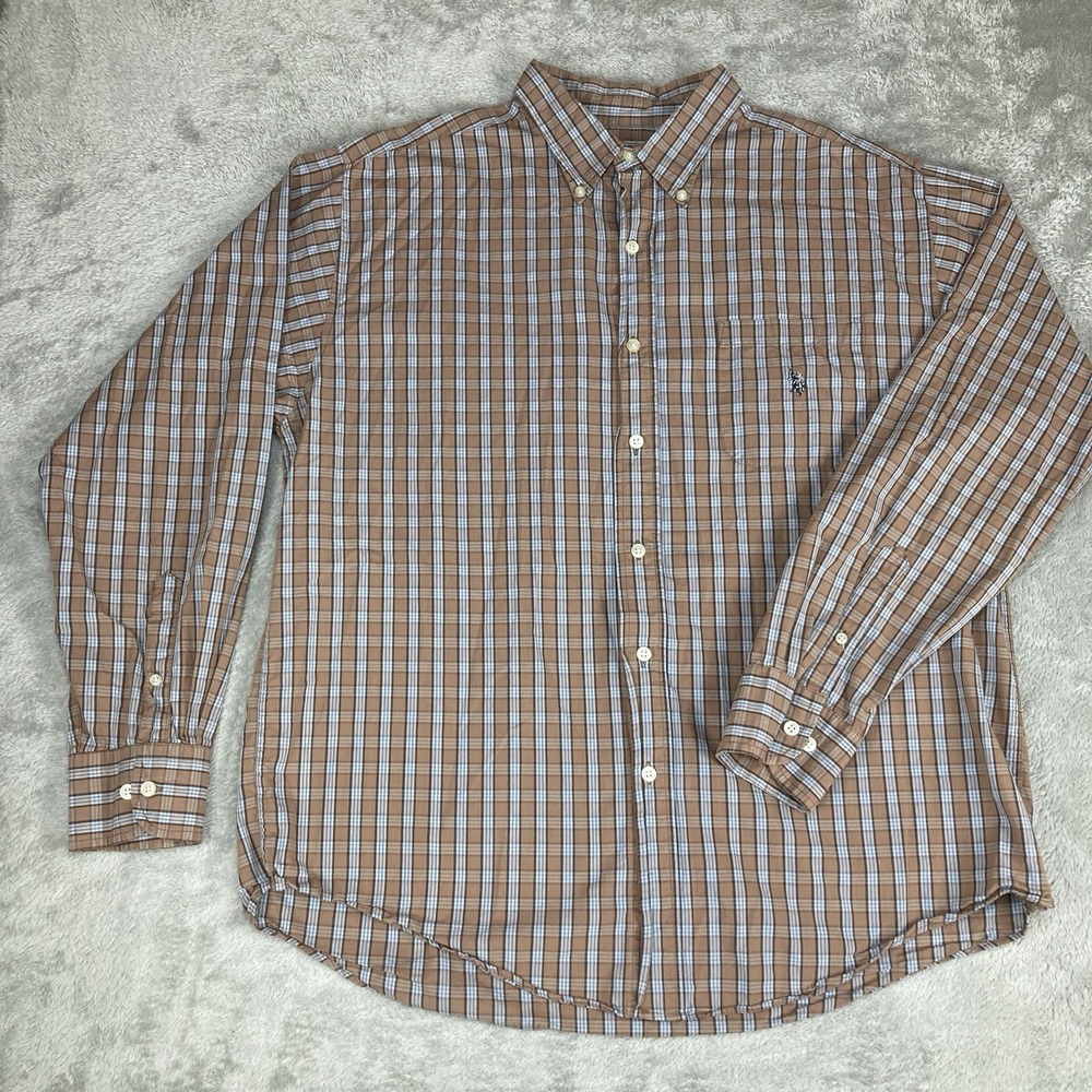 US Polo Assn Shirt Mens Large Beige Brown Plaid Button Up Long Sleeve Stretch